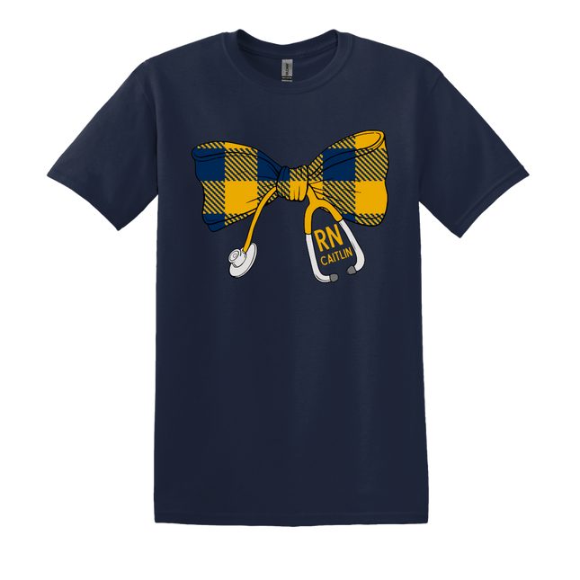 Large Navy and Gold Gingham Stethoscope Bow - Gildan Series