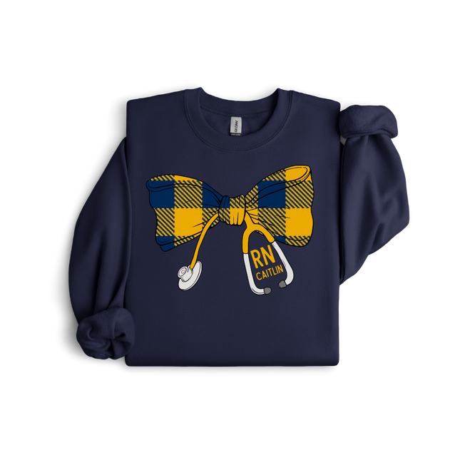 Large Navy and Gold Gingham Stethoscope Bow - Gildan Series
