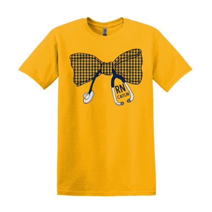 Small Navy and Gold Gingham Stethoscope Bow - Gildan Series