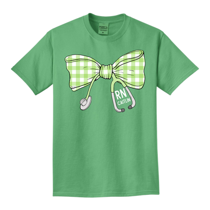 Green Gingham Stethoscope Bow - Port & Company Beach Wash Series