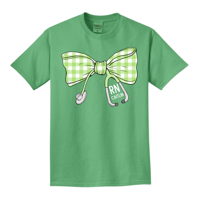 Green Gingham Stethoscope Bow - Port & Company Beach Wash Series