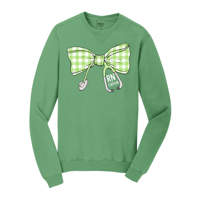 Green Gingham Stethoscope Bow - Port & Company Beach Wash Series