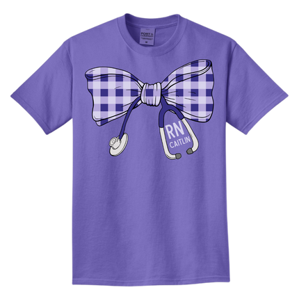 Purple Gingham Stethoscope Bow - Port & Company Beach Wash Series