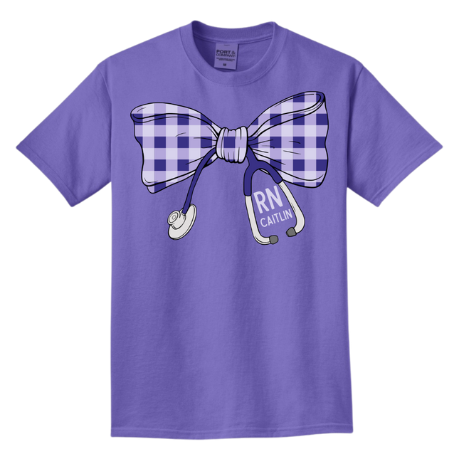 Purple Gingham Stethoscope Bow - Port & Company Beach Wash Series