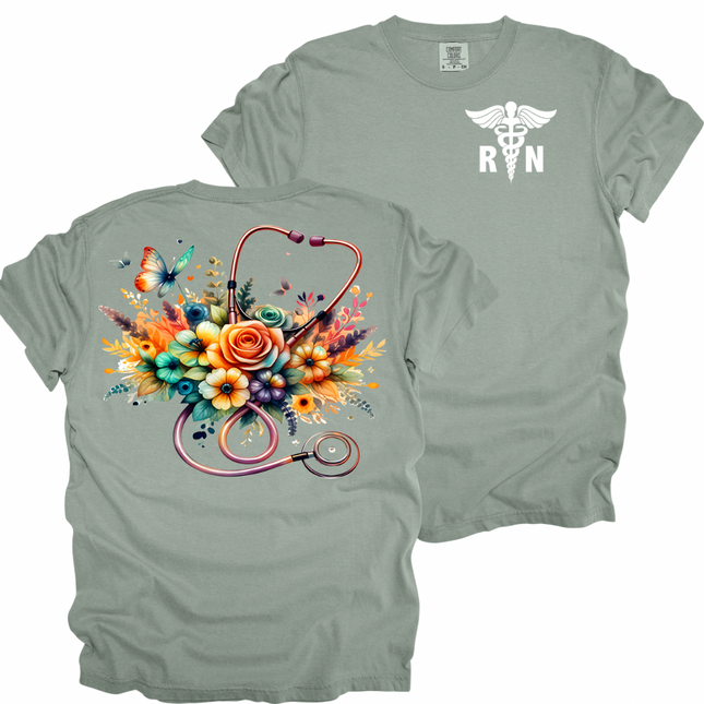 RN Caduceus with Floral Stethoscope- Comfort Colors T-Shirt