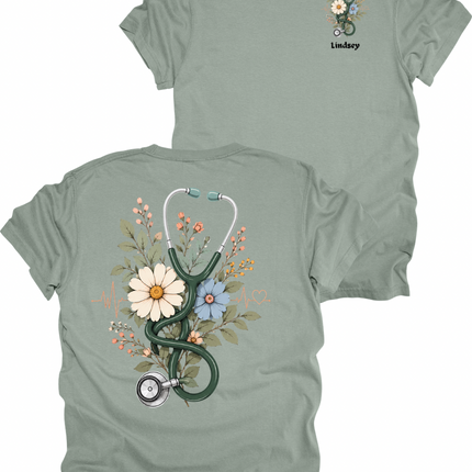 Floral Summer Stethoscope with Name Personalization for Pocket - Comfort Colors T-Shirt