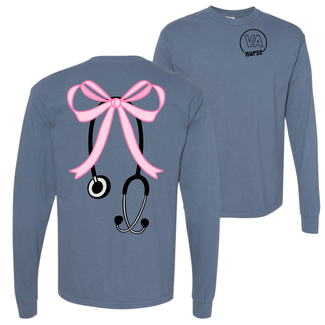 VA Nurse Large Pink bow with Stethoscope- Comfort Colors T-Shirt