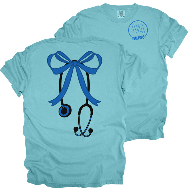 VA Nurse Large Pink bow with Stethoscope- Comfort Colors T-Shirt