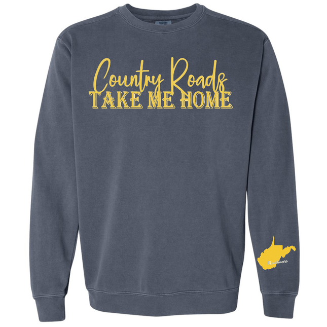 Country Roads Embroidered with WV state on Sleeve- Comfort Colors Sweatshirt