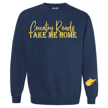 Country Roads Embroidered with WV state on Sleeve- Comfort Colors Sweatshirt