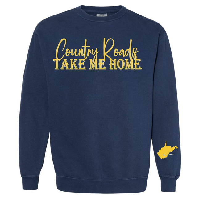 Country Roads Embroidered with WV state on Sleeve- Comfort Colors Sweatshirt