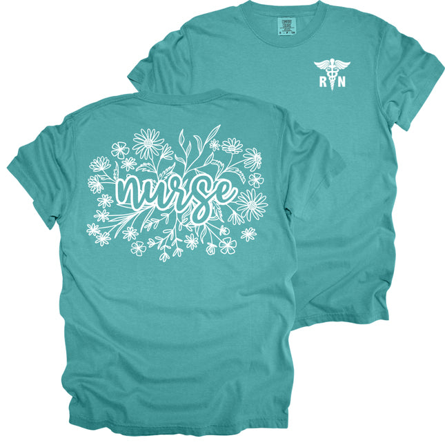 Floral Wildflower Nurse with RN Caduceus - Comfort Colors T-Shirt