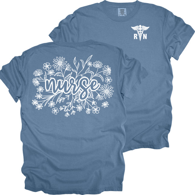 Floral Wildflower Nurse with RN Caduceus - Comfort Colors T-Shirt