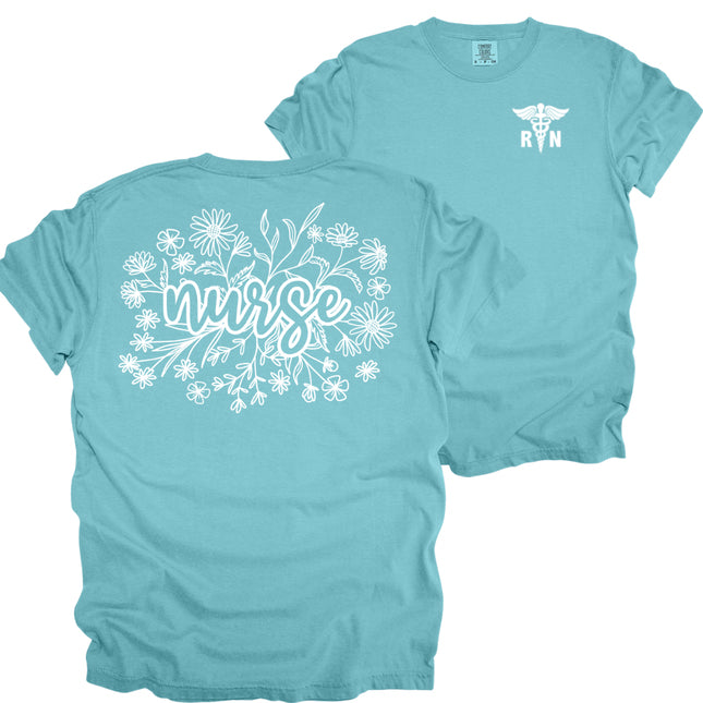 Floral Wildflower Nurse with RN Caduceus - Comfort Colors T-Shirt