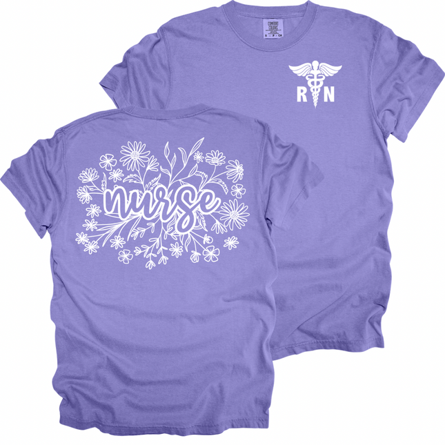 Floral Wildflower Nurse with RN Caduceus - Comfort Colors T-Shirt
