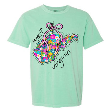 Bright Floral WV State Outline with Bow - Comfort Colors T-Shirt