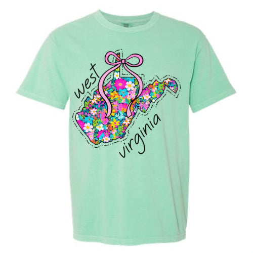 Bright Floral WV State Outline with Bow - Comfort Colors T-Shirt