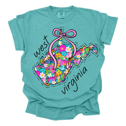 Bright Floral WV State Outline with Bow - Comfort Colors T-Shirt