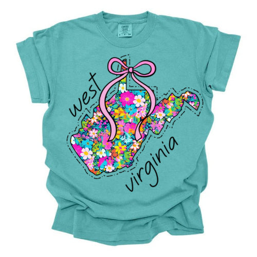 Bright Floral WV State Outline with Bow - Comfort Colors T-Shirt