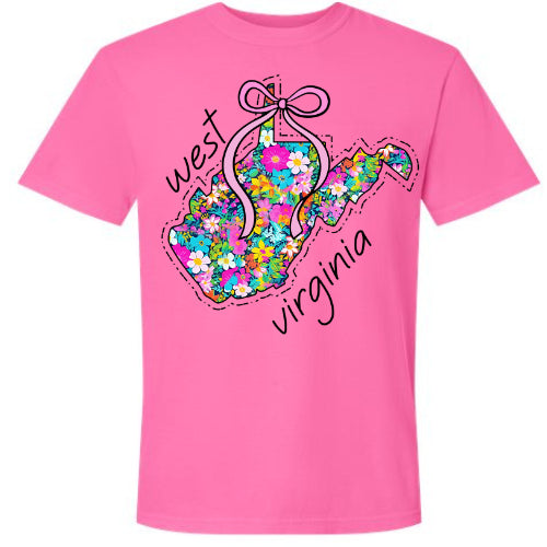 Bright Floral WV State Outline with Bow - Comfort Colors T-Shirt