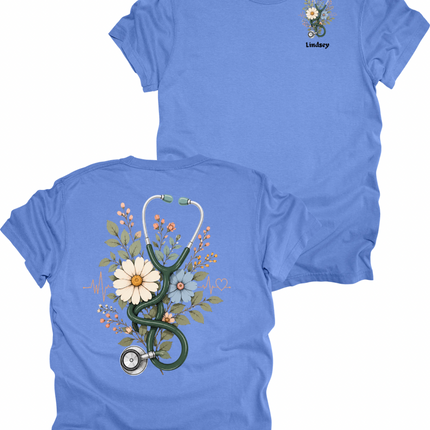 Floral Summer Stethoscope with Name Personalization for Pocket - Comfort Colors T-Shirt