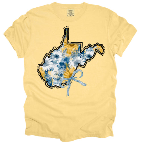 Blue and Gold Daisies Inside WV State Outline with Bow - Comfort Colors T-Shirt