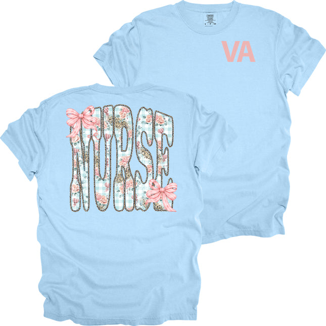 VA Pocket with Floral Nurse on Back- Comfort Colors T-Shirt