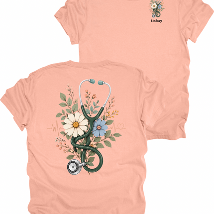Floral Summer Stethoscope with Name Personalization for Pocket - Comfort Colors T-Shirt