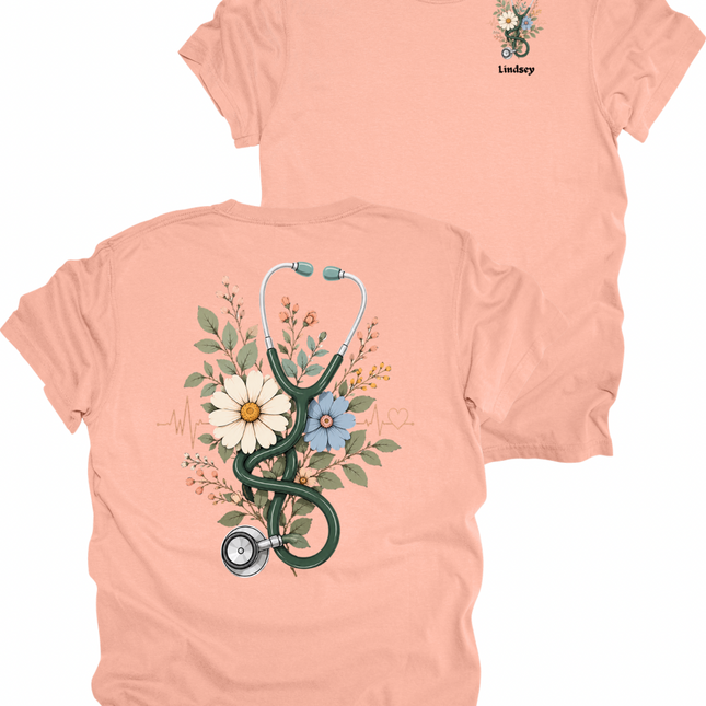 Floral Summer Stethoscope with Name Personalization for Pocket - Comfort Colors T-Shirt
