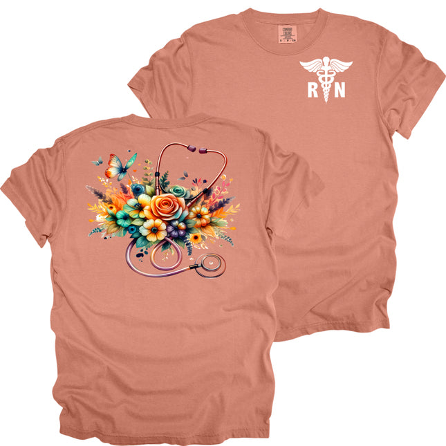 RN Caduceus with Floral Stethoscope- Comfort Colors T-Shirt
