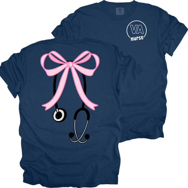 VA Nurse Large Pink bow with Stethoscope- Comfort Colors T-Shirt