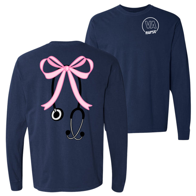 VA Nurse Large Pink bow with Stethoscope- Comfort Colors T-Shirt
