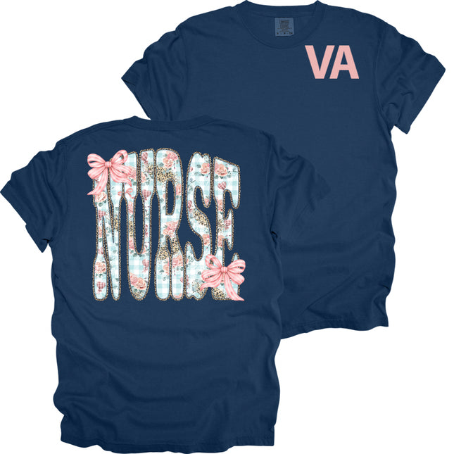 VA Pocket with Floral Nurse on Back- Comfort Colors T-Shirt