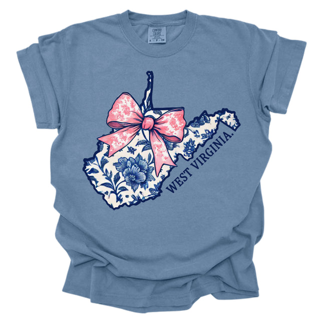 WV State Outline of Blue Southern Floral with Pink Bow - Comfort Colors T-Shirt