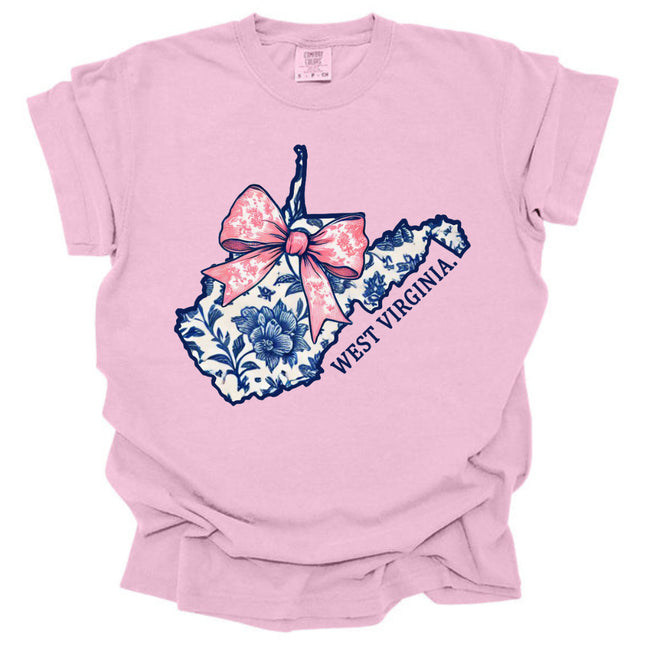 WV State Outline of Blue Southern Floral with Pink Bow - Comfort Colors T-Shirt