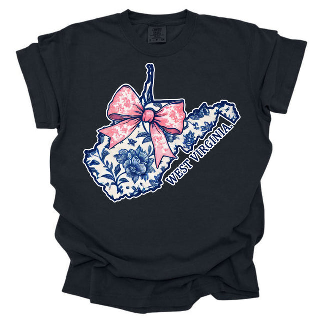 WV State Outline of Blue Southern Floral with Pink Bow - Comfort Colors T-Shirt