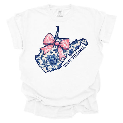 WV State Outline of Blue Southern Floral with Pink Bow - Comfort Colors T-Shirt