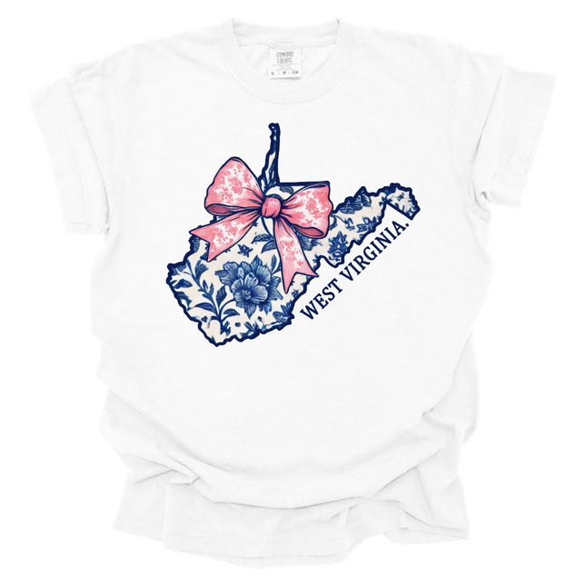 WV State Outline of Blue Southern Floral with Pink Bow - Comfort Colors T-Shirt