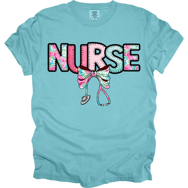 Stitched Preppy Floral Nurse with Stethoscope - Comfort Colors T-Shirt