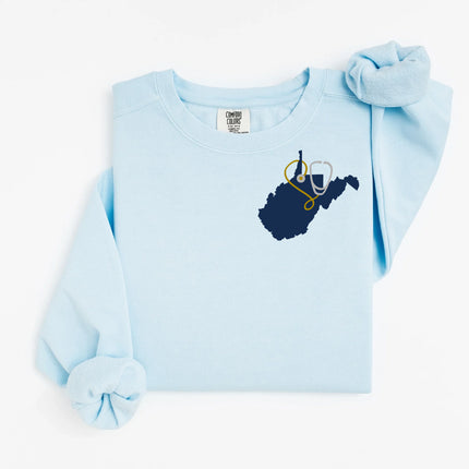 WV State Outline Surrounded with Stethoscope - Comfort Colors Crewneck Sweatshirt