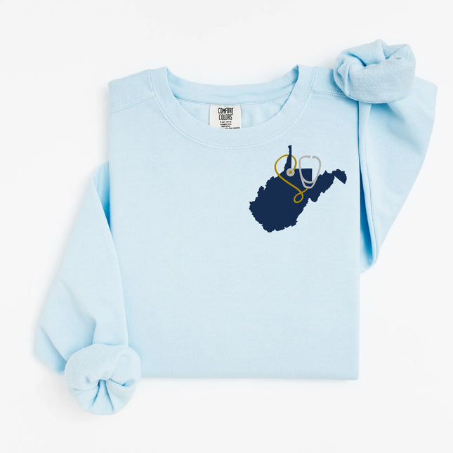 WV State Outline Surrounded with Stethoscope - Comfort Colors Crewneck Sweatshirt