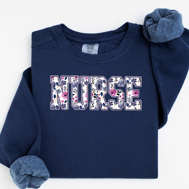 Purple Floral Nursing Titles - Comfort Colors Crewneck Sweatshirt
