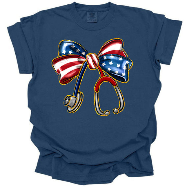 American Flag Stethoscope Bow - Comfort Colors T-Shirt