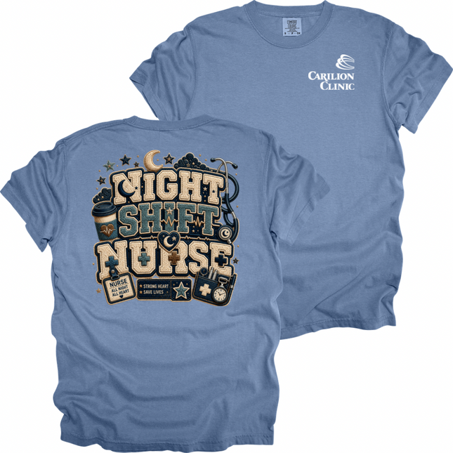 Carilion Clinic Faux Chenille Night Shift Nurse  - Comfort Colors T-Shirt