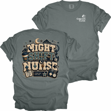 Carilion Clinic Faux Chenille Night Shift Nurse  - Comfort Colors T-Shirt