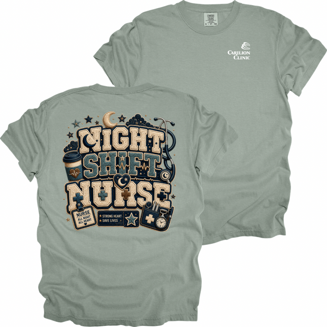 Carilion Clinic Faux Chenille Night Shift Nurse  - Comfort Colors T-Shirt