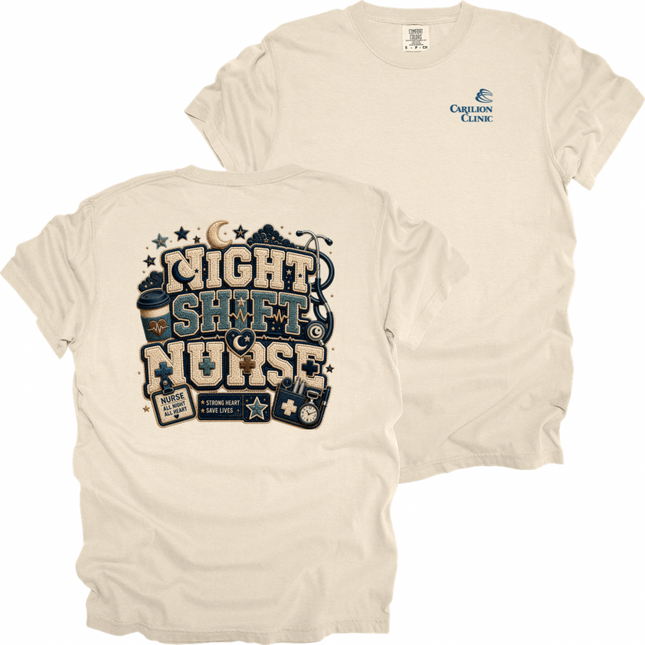 Carilion Clinic Faux Chenille Night Shift Nurse  - Comfort Colors T-Shirt
