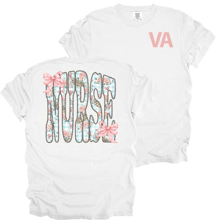 VA Pocket with Floral Nurse on Back- Comfort Colors T-Shirt