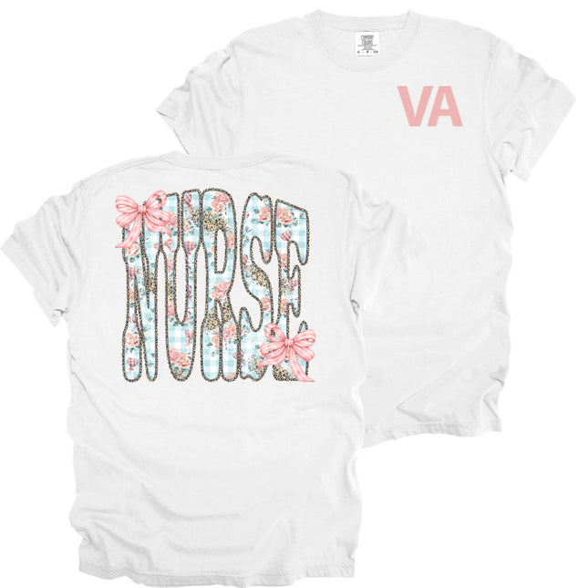 VA Pocket with Floral Nurse on Back- Comfort Colors T-Shirt
